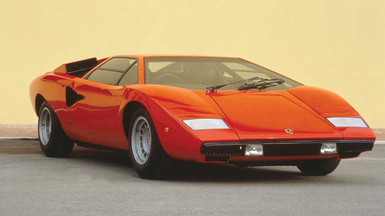 Red Lamborghini Countach, parked front angle shot