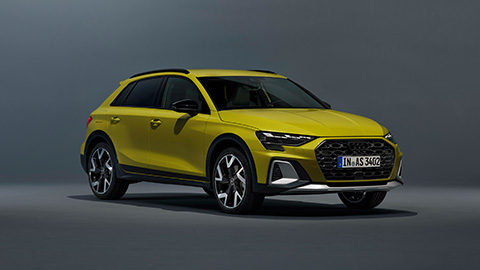 Yellow Audi A3 allstreet Exterior Front Static in Studio