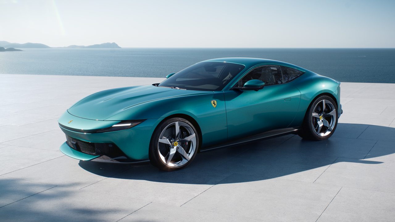 Blue Ferrari Roma Exterior Front Static