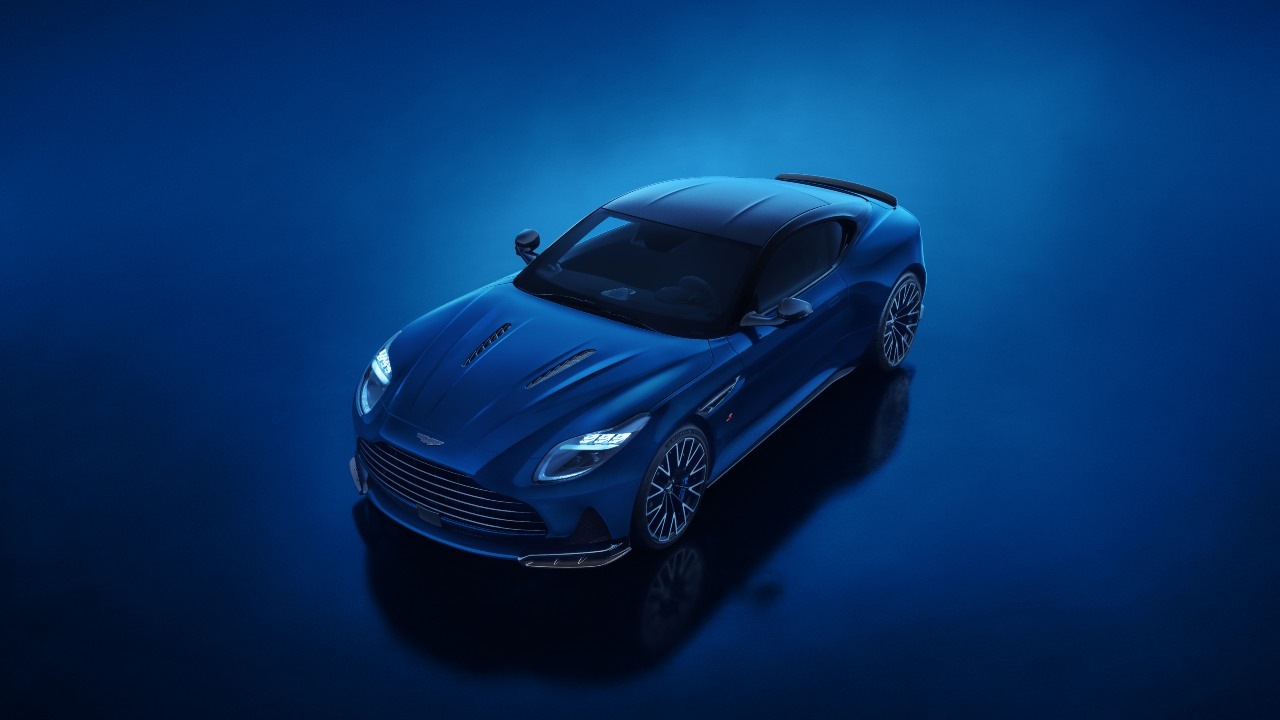 Blue Aston Martin DB12 S Exterior Front in Studio
