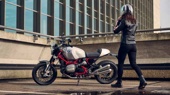 Motorcyclist Approaching Black and Red BMW R 12 NineT