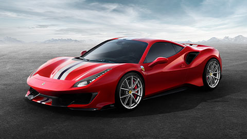 Front quarter shot of a parked red Ferrari 488