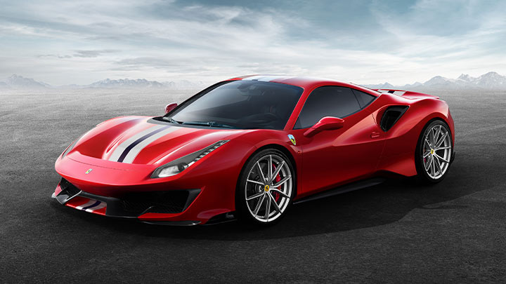 Front quarter shot of a parked red Ferrari 488