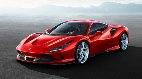 Front parked shot of a red Ferrari F8