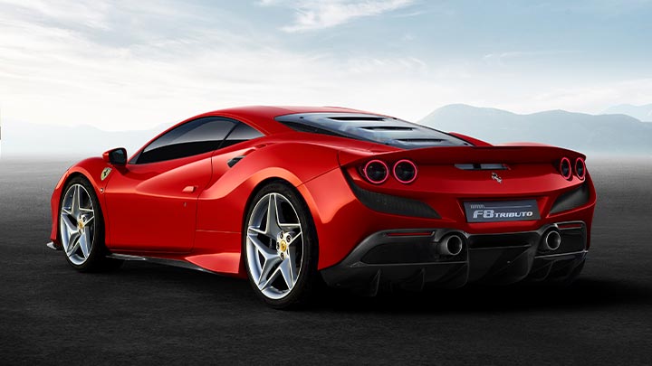 Rear parked shot of a red Ferrari F8