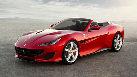 Front parked shot of a red Ferrari Portofino