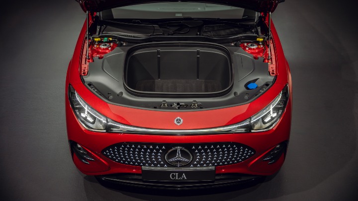 Red Mercedes Benz CLA Electric frunk open