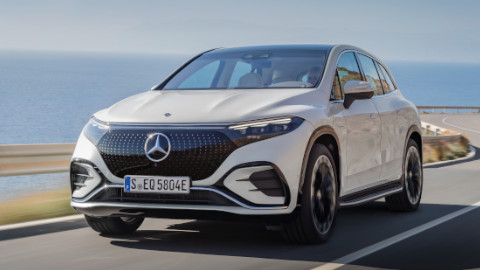 White EQS SUV from Mercedes-EQ Exterior Front Driving
