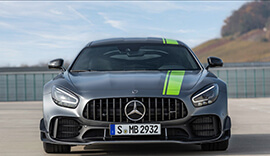 Front view of the grey Mercedes-Benz AMG GT R Pro parked up.